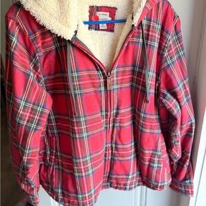 L.L. Bean Women’s XL Pet Red Plaid Sherpa-Lined Hi Pile Flannel Zip Jacket